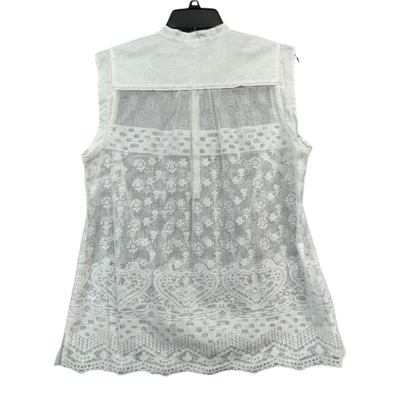 Cabi Top Womens M White Lace Scalloped Silk Trim Henley Style Layering Blouse - Picture 4 of 11